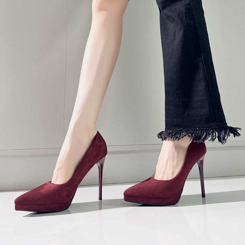 2024新款绒h面10厘米黑色高跟鞋女细跟防水台尖头单鞋不累脚职业