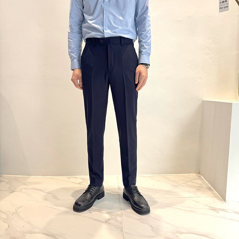夏季休闲条纹西裤男百搭长裤修身小脚商务西装裤潮流免烫西服裤子