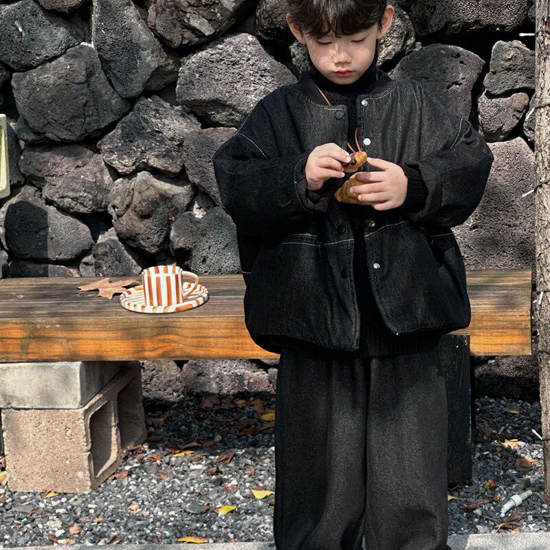 泰如2024冬季新款儿童搭复古牛仔加厚外套男童韩版加绒保暖棉衣潮