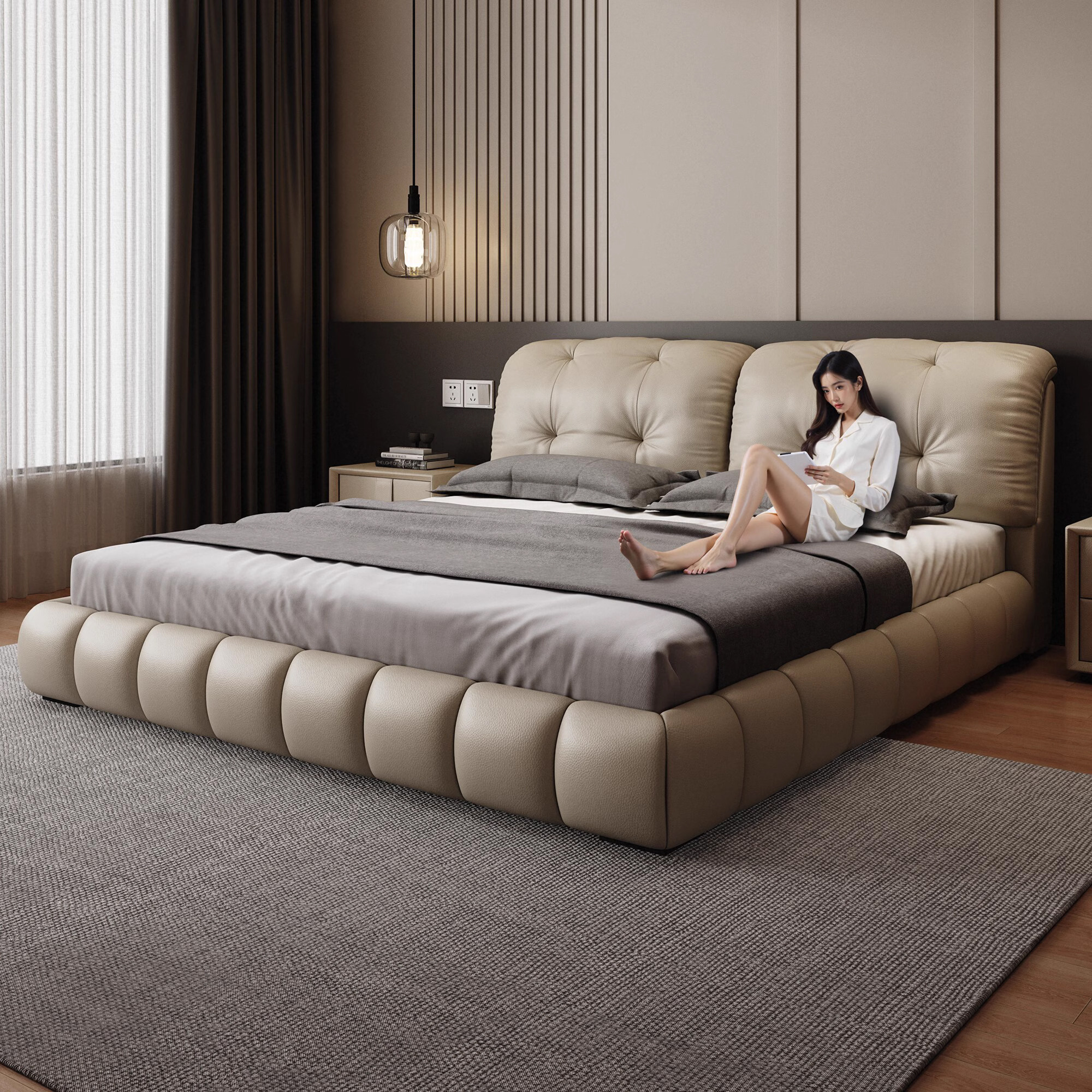 意式极简泡芙真皮床主卧高端大气现代简约2米x2米2大床双人床婚床