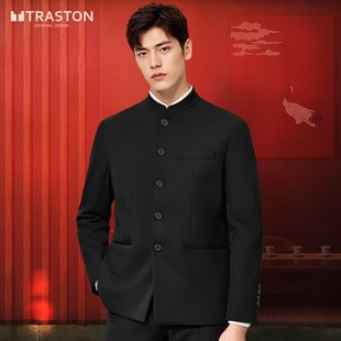 新款中山装男套装民国风表演新中式订婚宴会结婚礼服黑色立领宽松