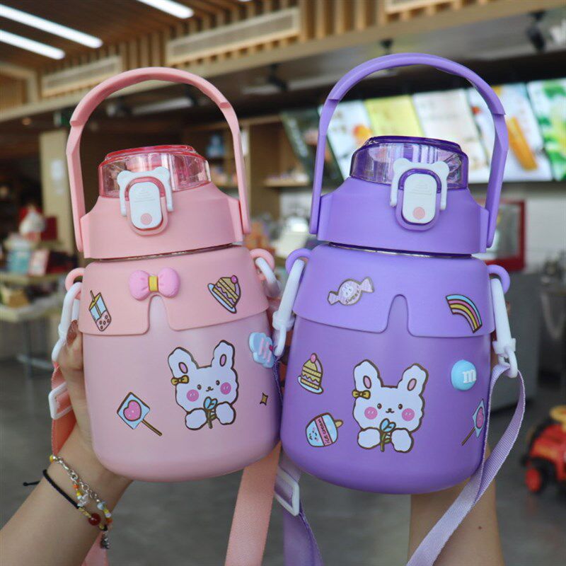 网红大肚保温杯大容量女高颜值学生水杯子带吸管可爱便携背带水壶