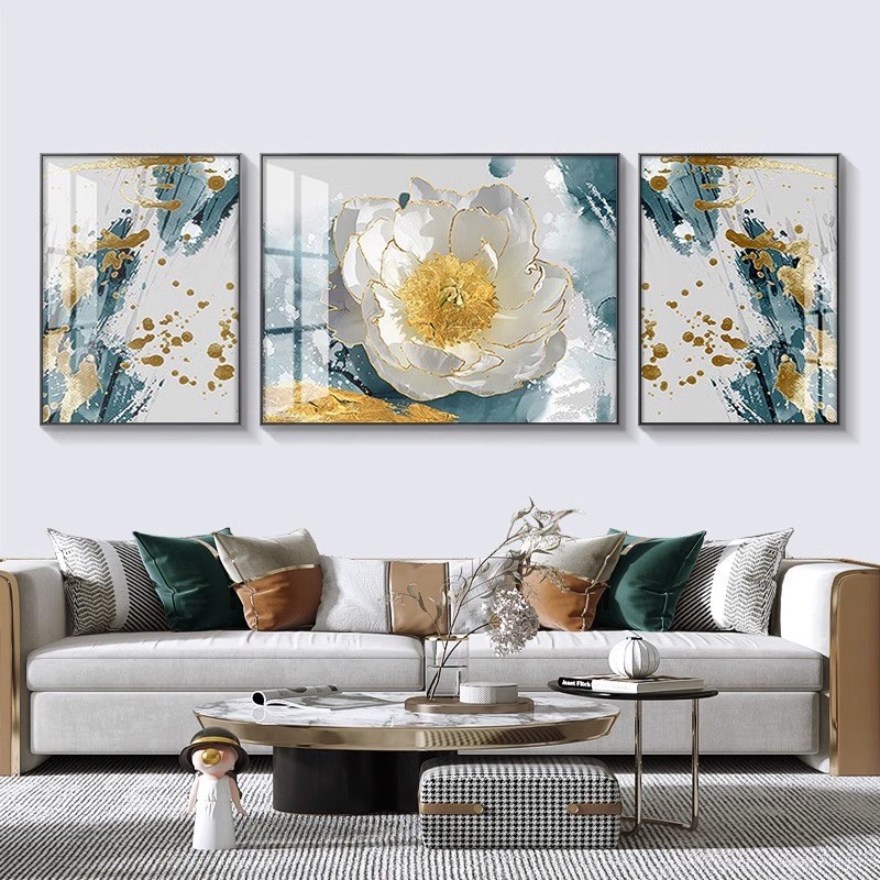 现代简约花卉客厅装饰画沙发背景墙高档晶瓷壁画牡丹抽象三联挂画图片