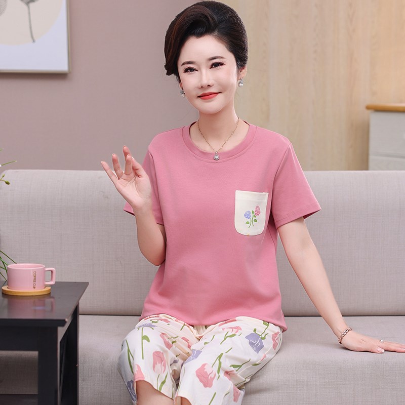 中年妇女夏季纯棉半袖中裤睡衣妈妈短袖七分裤家居服薄款套装宽松