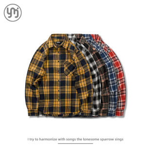 贴布绣宽松休闲翻领衬衣外套 秋冬男士 美式 潮流水洗磨毛格子衬衫