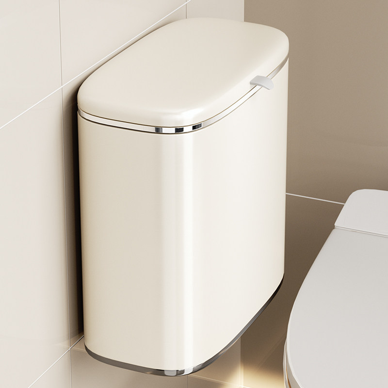 卫生间垃圾桶家用2024新款壁挂式夹缝不锈钢奶油风不脏手防水纸篓