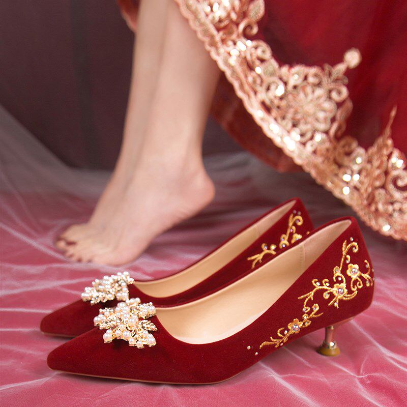 婚鞋秋冬女新娘鞋不累脚结婚鞋禾秀婚纱两穿红色高跟鞋小众高级感