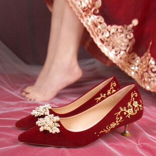 婚鞋秋冬女新娘鞋不累脚结婚鞋禾秀婚纱两穿红色高跟鞋小众高级感