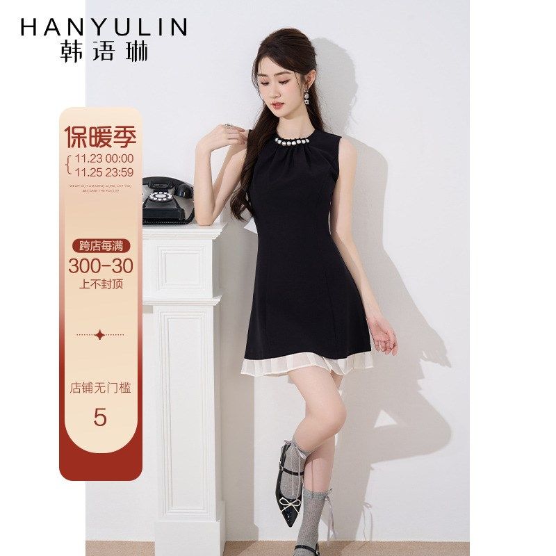 气质无袖连衣裙2024新款女夏季法式收腰a字裙小众设计感修身裙子