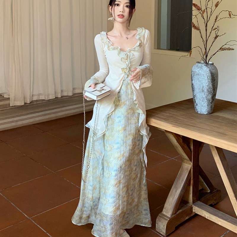 胖mm国风禅意套装女温柔荷叶边不规则开衫上衣新中式碎花半身长裙