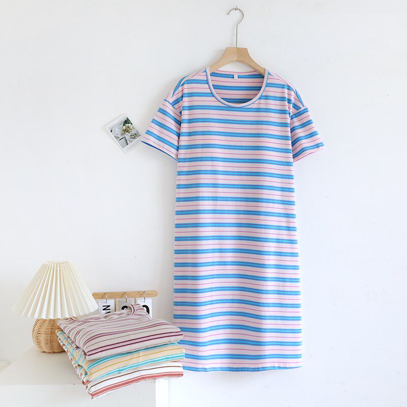 带胸垫一体d睡裙夏季女款纯棉短袖夏天条纹可外穿睡衣家居服裙子