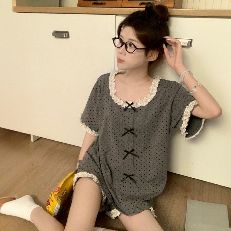韩版波点针织睡衣女款夏季薄款甜美花边圆领短袖短裤两件套家居服