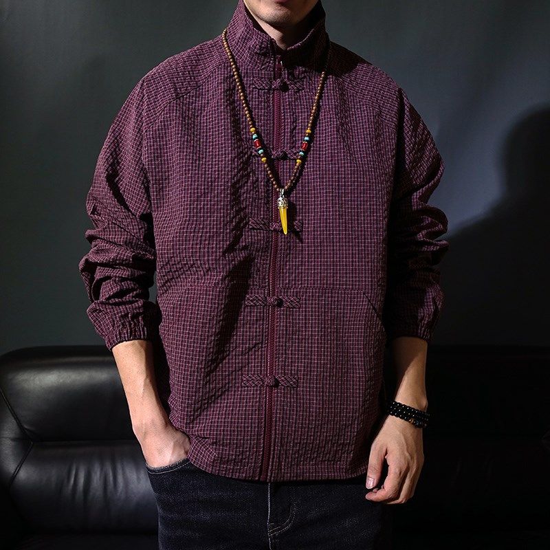 中国风立领格子盘扣春秋薄款唐装男子开衫夹克茶服宽松外套中山装