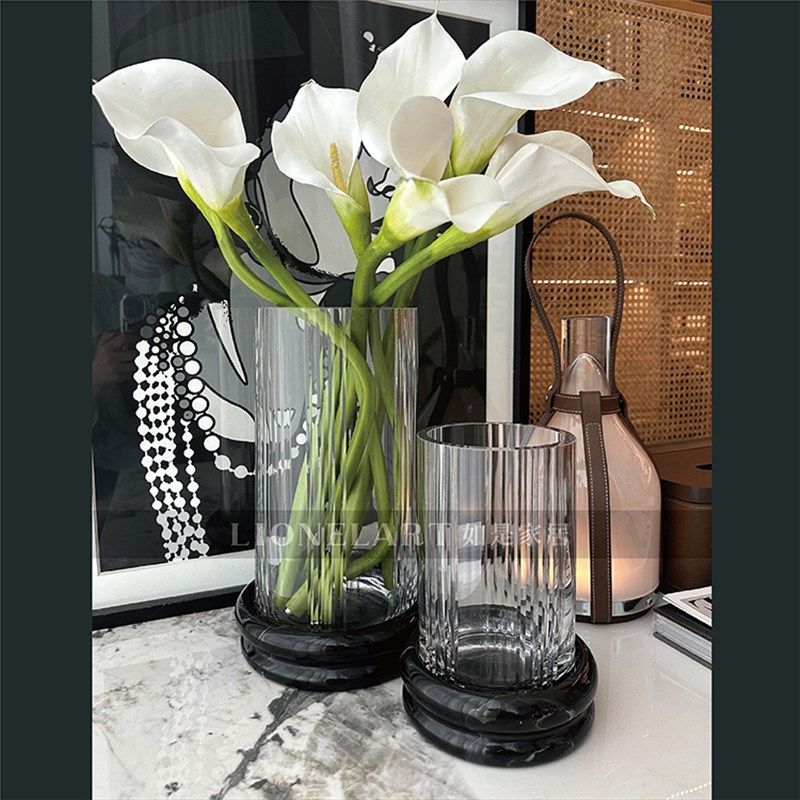 如是花瓶手作雕刻直纹水晶玻璃理石底座高端私宅会所花器乔迁礼物