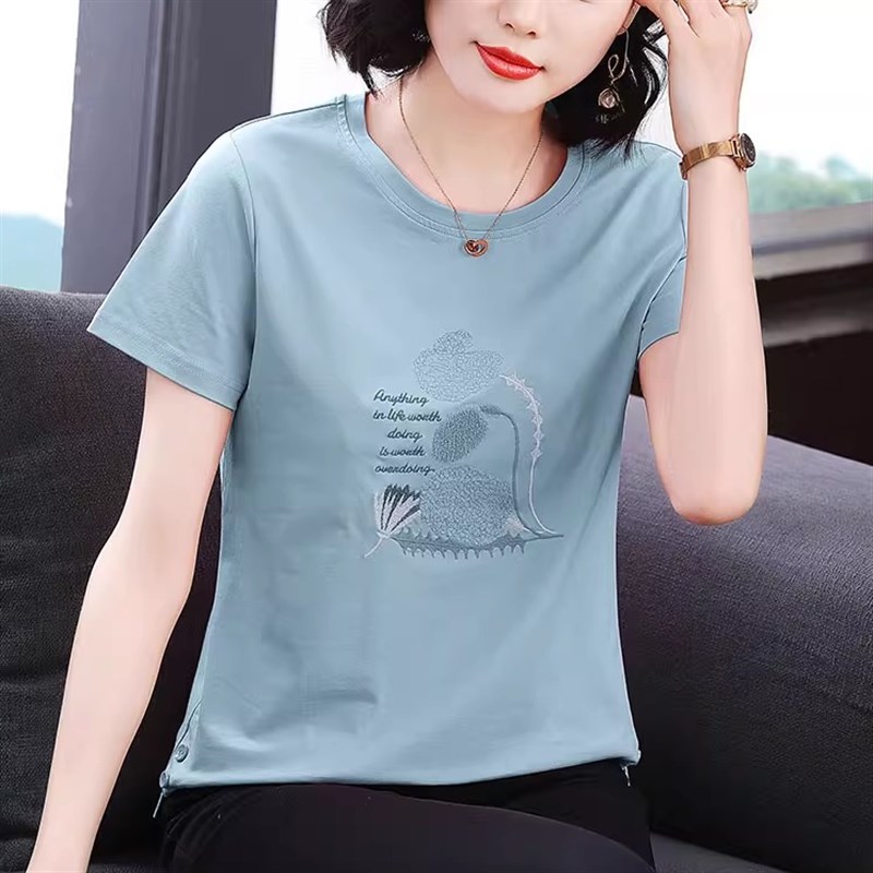 刺绣花纯棉短袖T恤女夏装小衫中老年妈妈装宽松休闲减龄圆领上衣