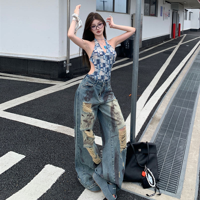 设计感套装女小众别致绝美后背系带连体衣吊带破洞牛仔裤两件套潮