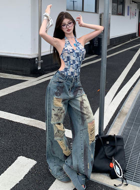 设计感套装女小众别致绝美后背系带连体衣吊带破洞牛仔裤两件套潮