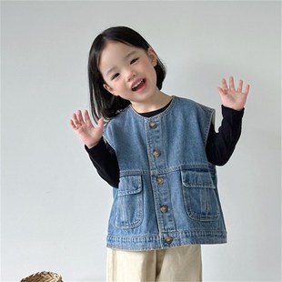 冬小瓜 女童牛仔马甲2024春秋韩版儿童男童宝宝洋气坎肩外穿宽松