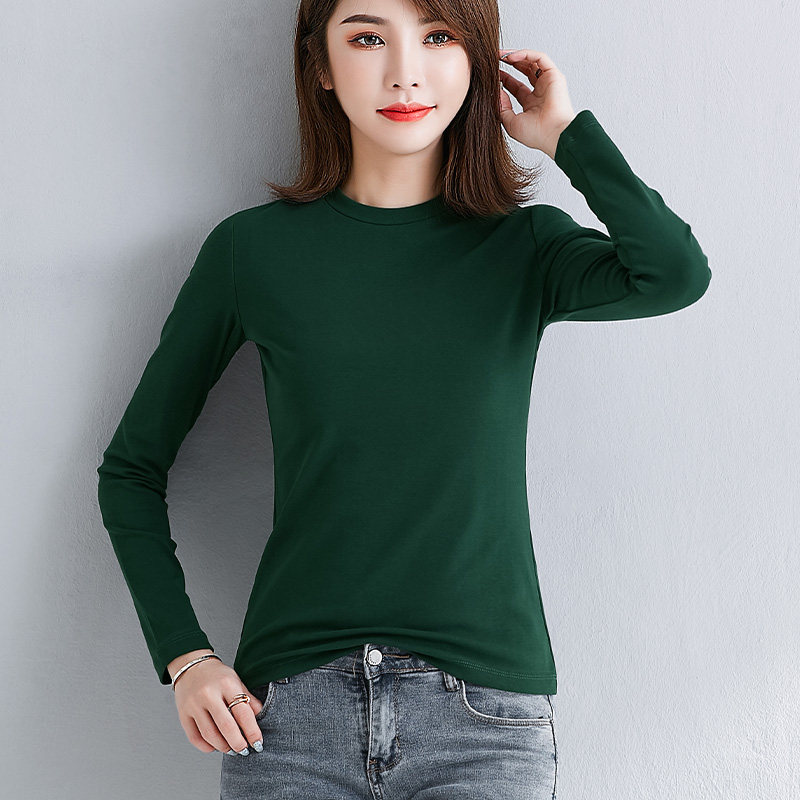 墨绿色螺纹棉半高领长袖t恤女修身春秋季新款纯色紧身内搭打底衫