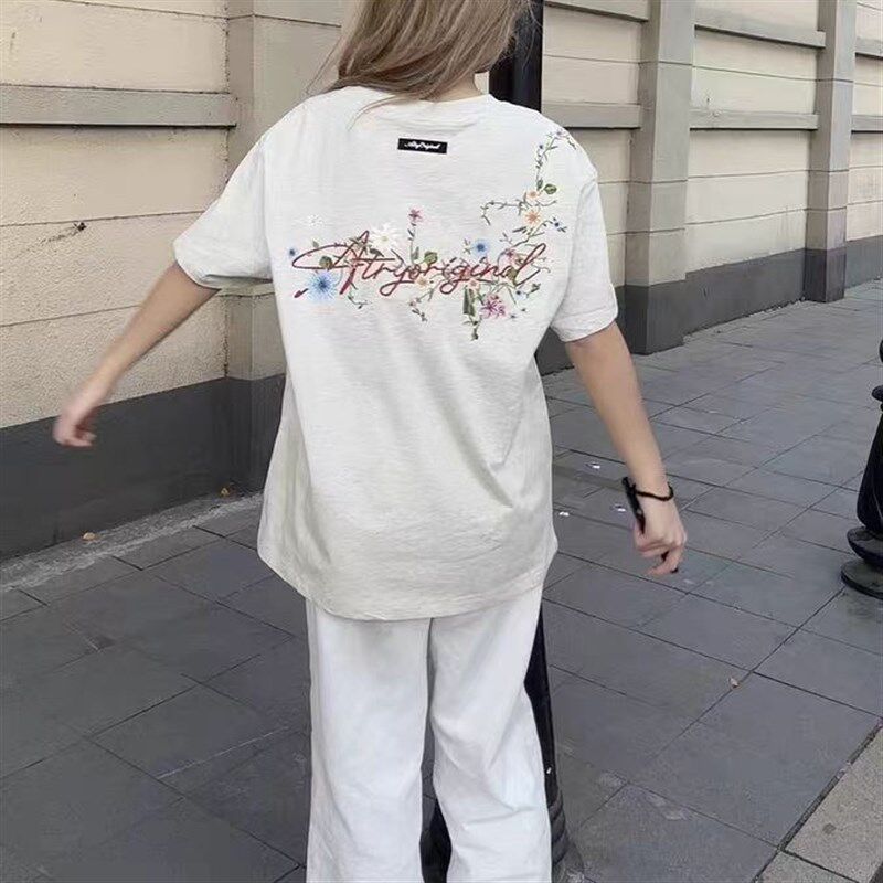 美式复古刺绣花体连肩花卉短袖t恤男女夏季新款纯棉小众情侣上衣