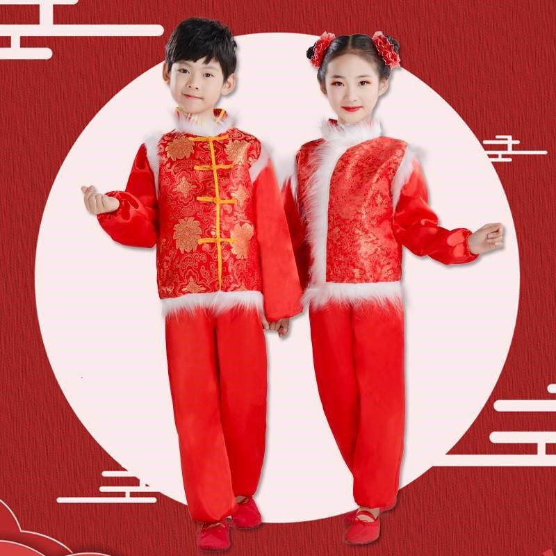 元旦儿童喜庆演出服舞台幼儿园开门红打腰鼓秧歌舞台表演拜年服装