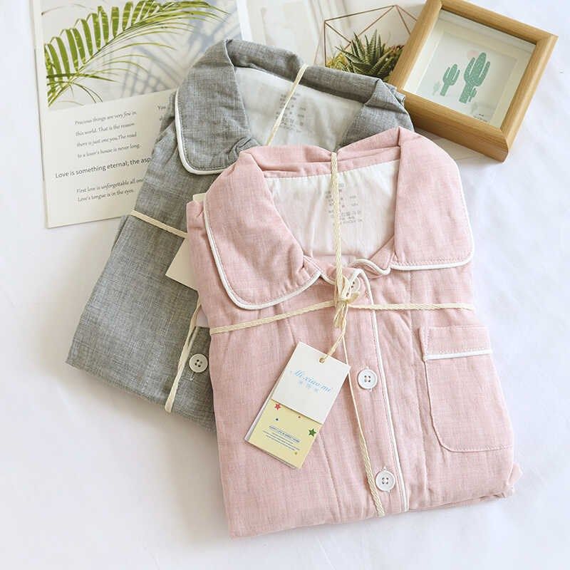 夏季纯棉纱布简约纯色长袖翻领男女童全棉家居服睡衣套装亲子家居