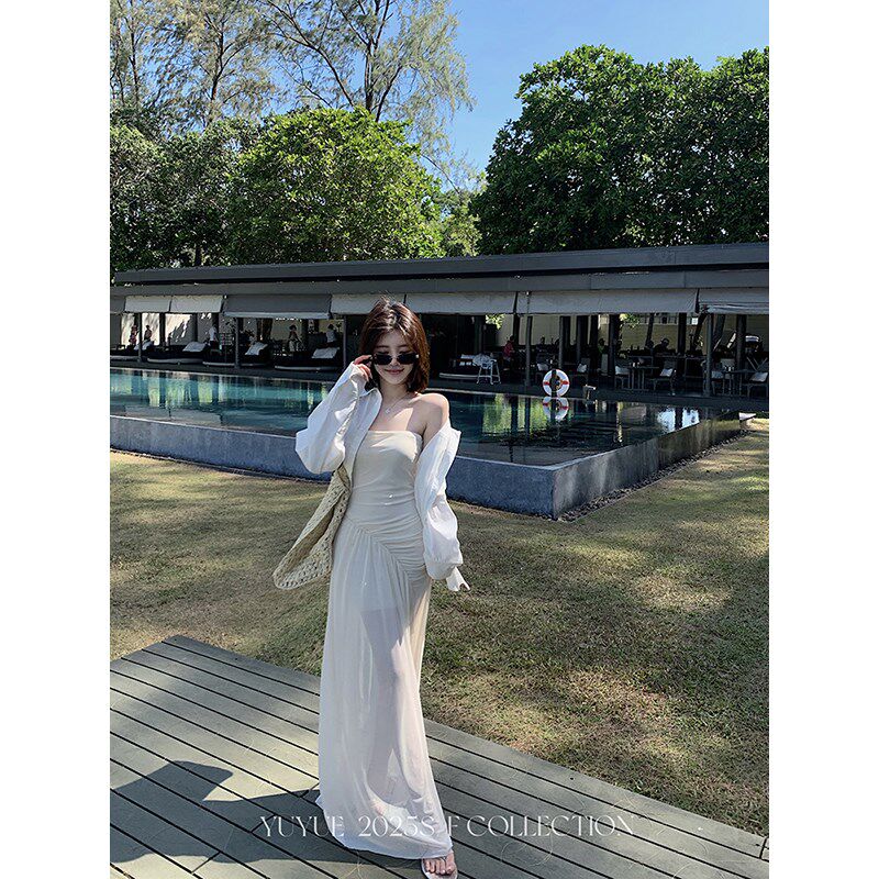 愉悦愉悦 抹胸无袖吊带拼接连衣裙女夏季气质修身显瘦高级感长裙