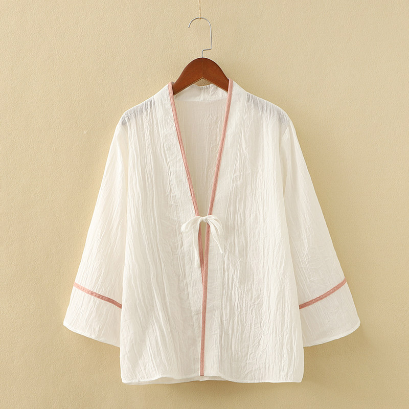 文艺棉麻短外套女宽松系带中式喇叭袖汉服外搭开衫女夏季薄款茶服