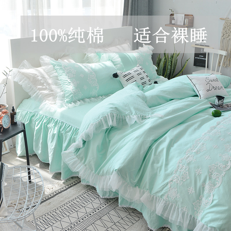 夏季公主全棉100纯棉床上用品四件套I床单床裙绿色蕾丝边被套公主