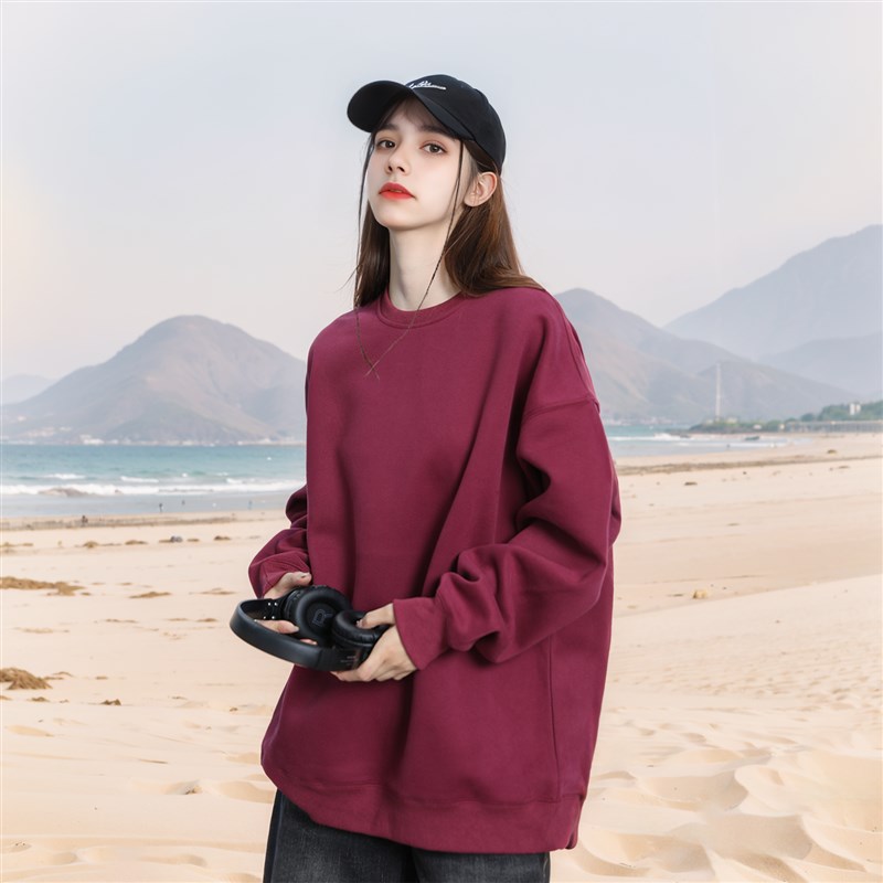 美式复古纯色圆领套头卫衣女春秋2024新款潮牌宽松情侣装无帽上衣