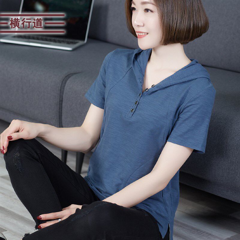 夏装纯棉中年妈妈连帽短袖t恤女上衣夏季女装大码胖MM带帽衫半袖