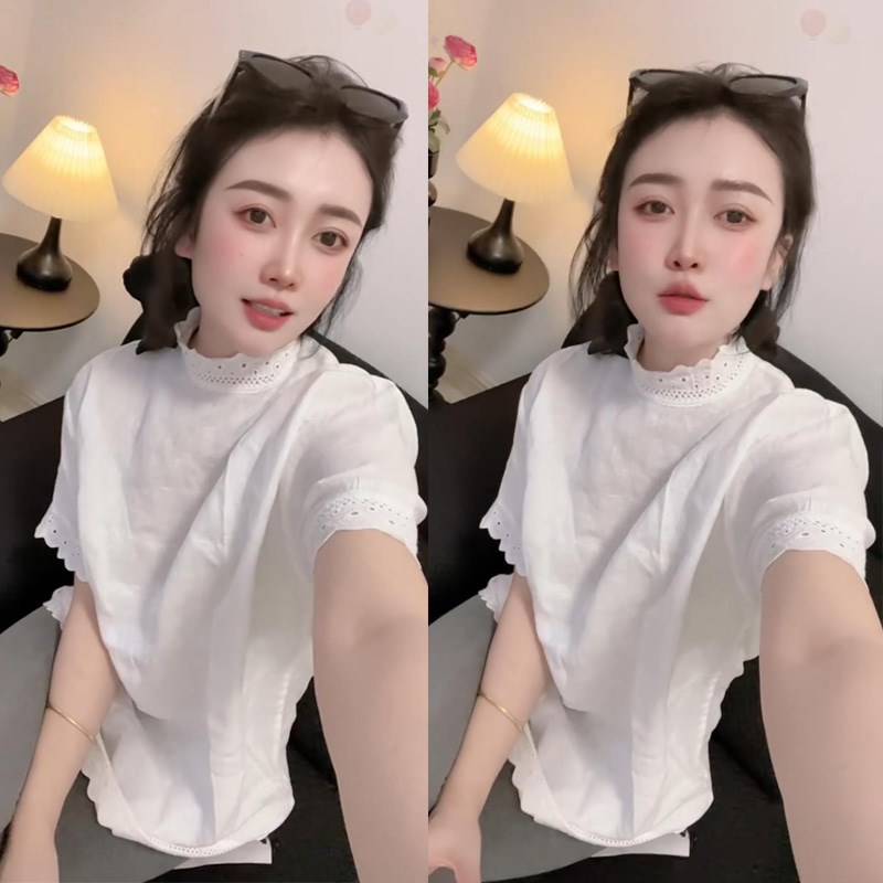 欧货2025夏季新款拼接蕾丝花边短袖t恤女半高领时尚洋气宽松上衣