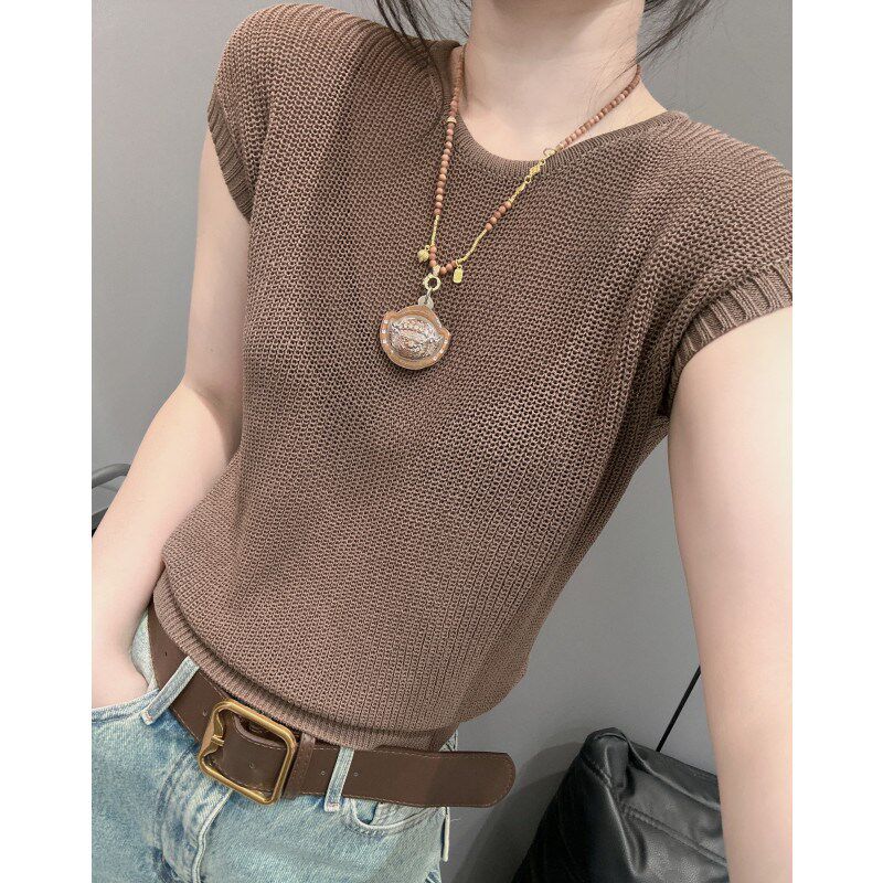 欧货夏新款收腰短款圆领针织衫女短袖修身显瘦简约百搭高级感上衣