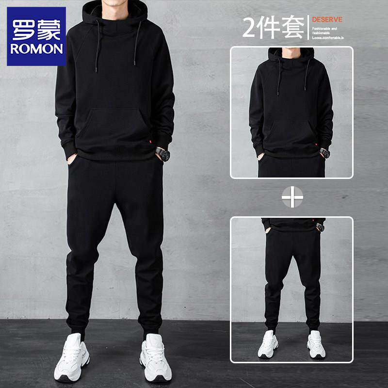 罗蒙春秋款男士运动套装2025新款潮流百搭休闲连帽卫衣长裤两件套