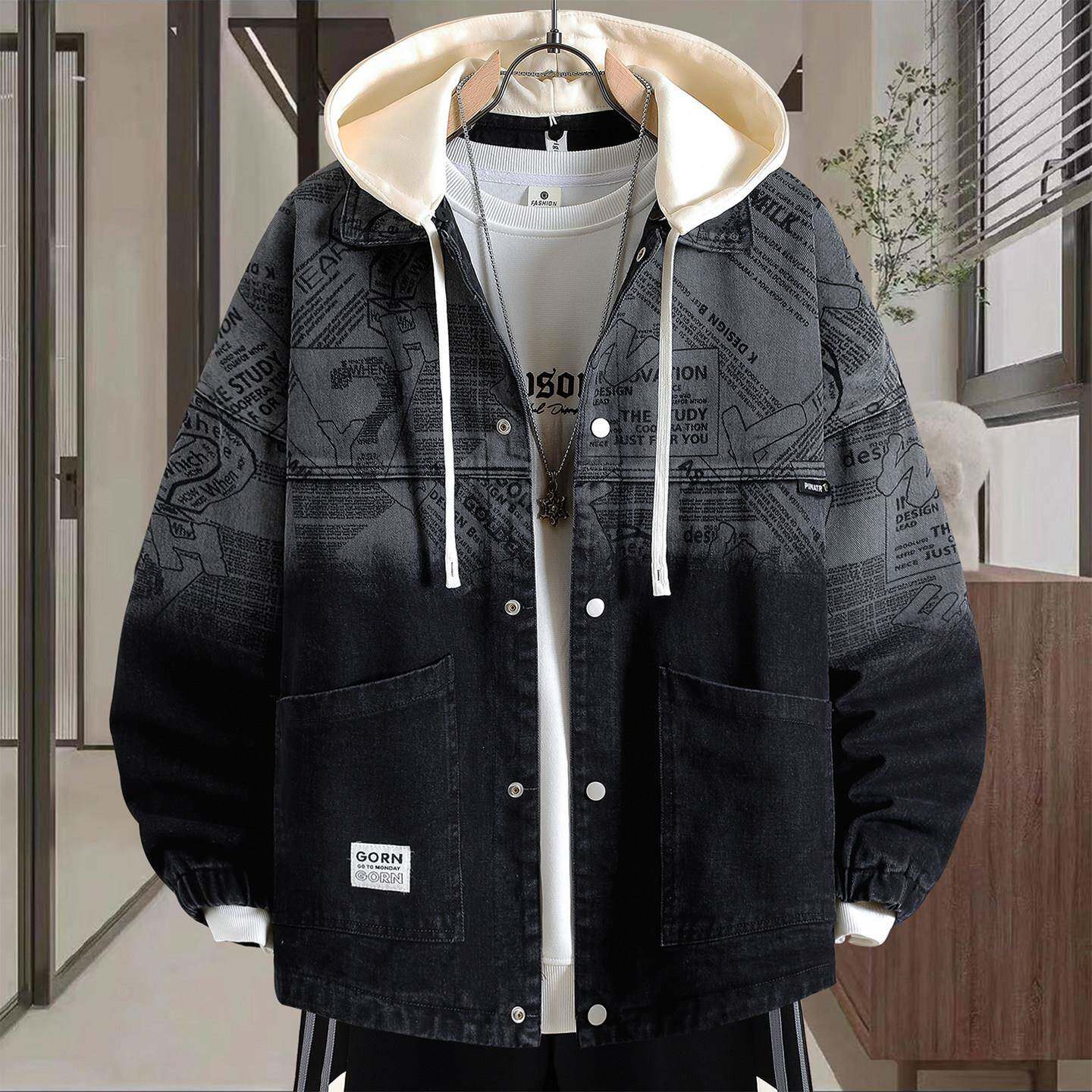 青少年牛仔外套男生春秋季新款初高中学生夹克男装潮牌连帽上衣服