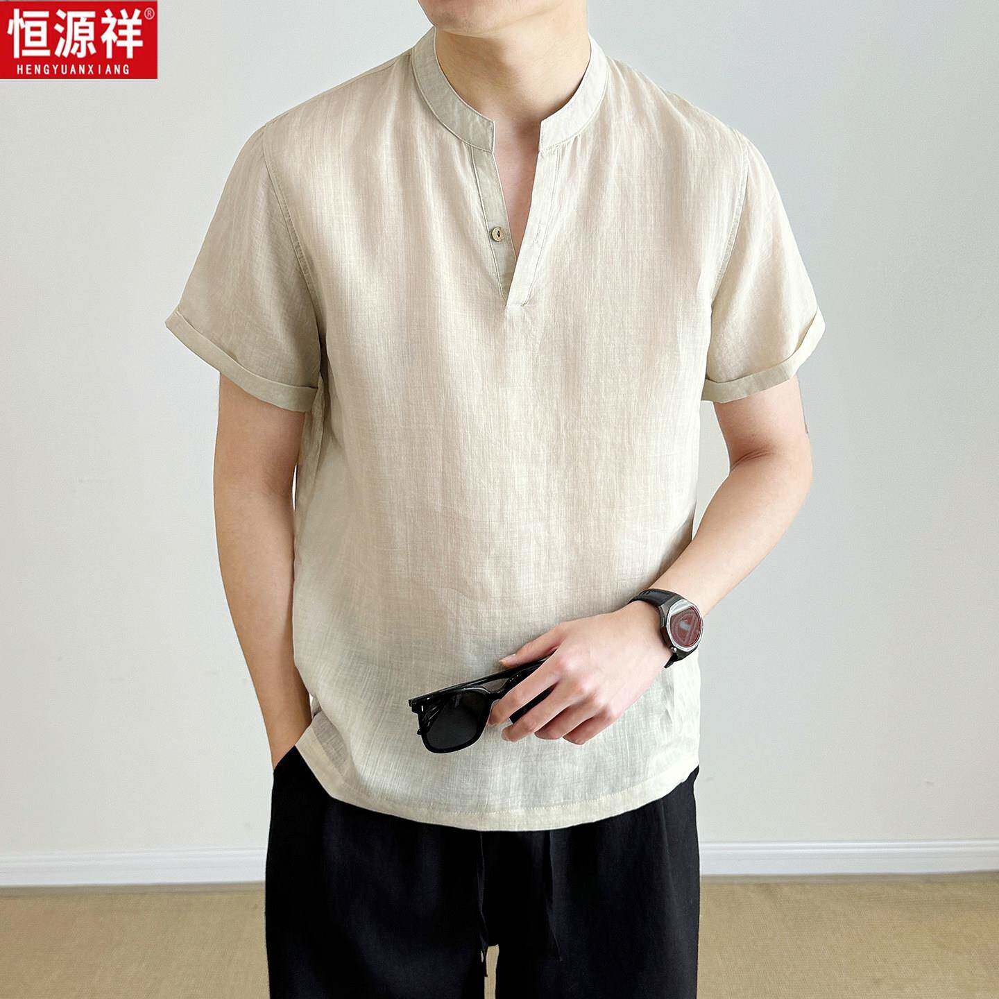 恒源祥老钱风100纯亚麻短袖男士t恤夏季高级感宽松五分袖V领上衣