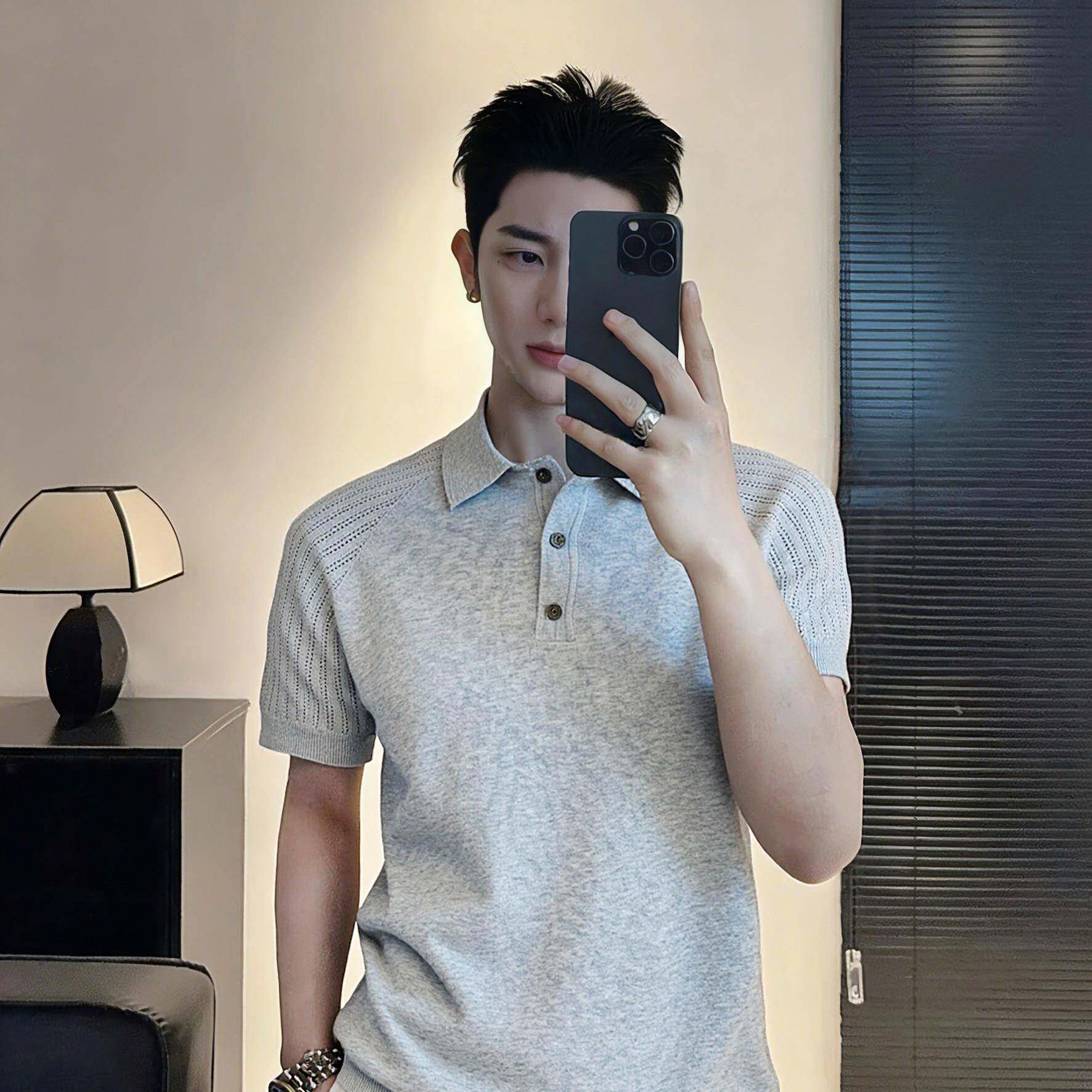 老钱风翻领POLO衫男装短袖镂空夏季休闲棉质透气休闲纯色翻领T恤