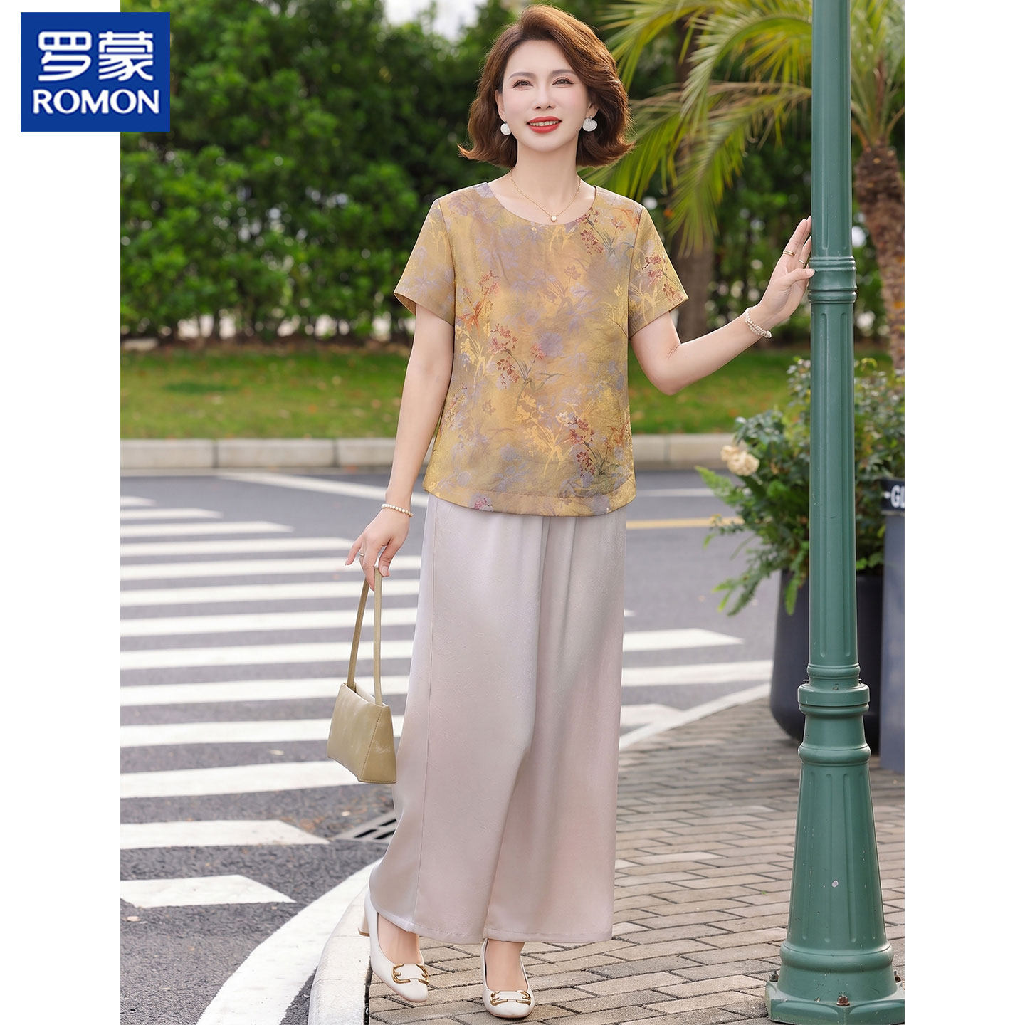 罗蒙妈妈夏装套装中老年人女夏季防真桑蚕丝短袖小衫奶奶装两件套