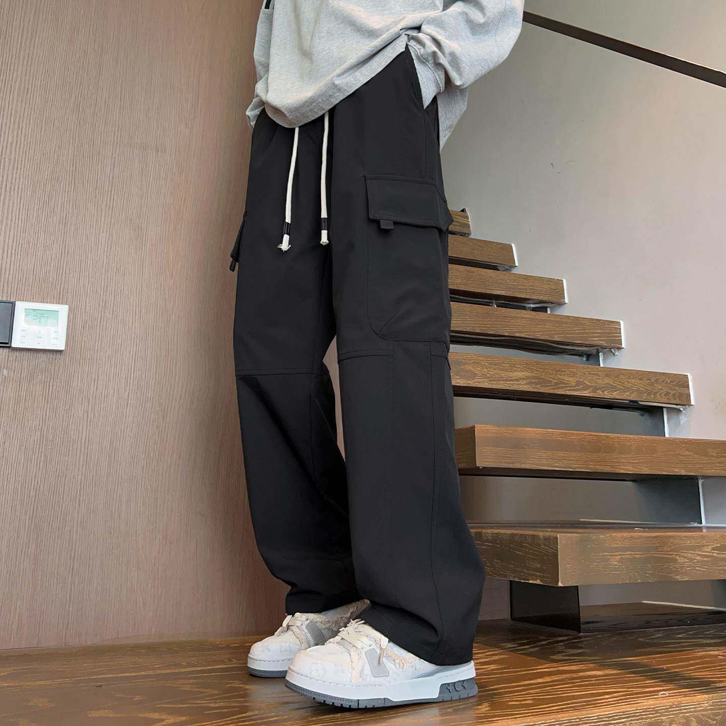 春秋季青少年裤子男初中高中学生黑色直筒工装裤男装阔腿休闲长裤