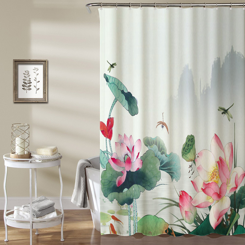 中国风浴帘加厚防霉卫生间磁性防水布民宿家用浴室帘免打孔中式