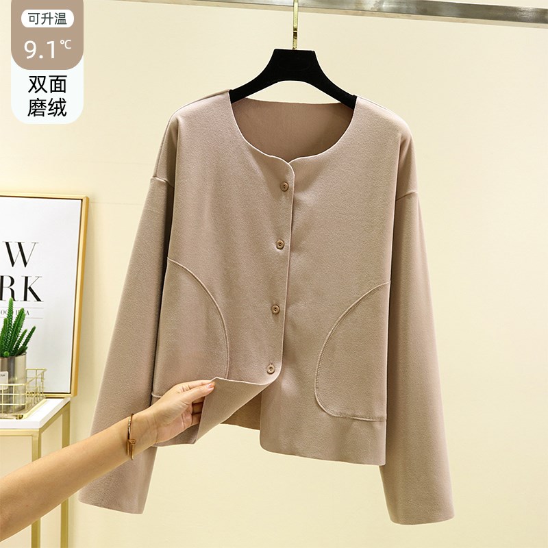 秋冬保暖开衫冬季圆领系扣短外套女士德绒内搭修身长袖百搭上衣