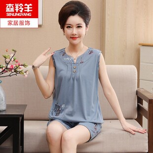 无袖 妈妈夏季 中年人女士薄款 纯棉家居服套装 休闲套头睡衣 背心短裤