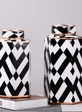 创意简约黑白几何花纹陶瓷花瓶摆件样板房装饰品密封罐干花插花器