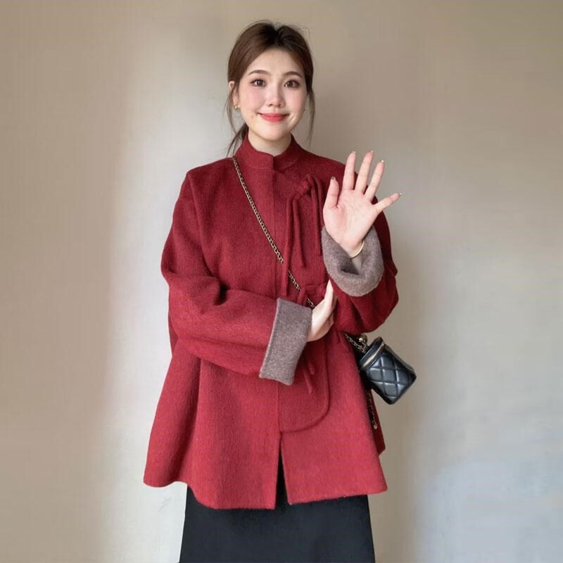 圣诞新年红色新中式毛呢外套女冬季新款本命年国风小个子呢子大衣