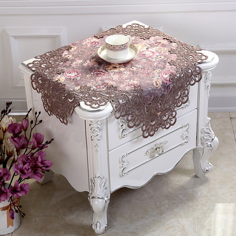 欧式田园布艺床头柜绣花防尘盖布罩圆形五斗柜蕾丝洗衣机盖巾桌布