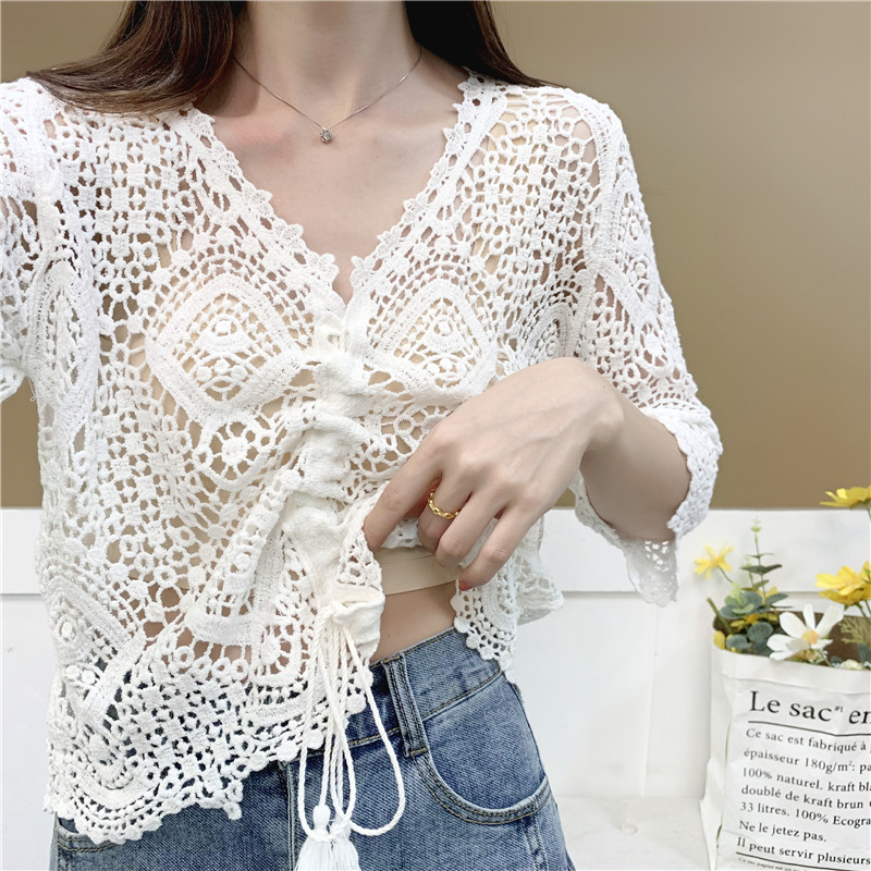 镂空V领七分袖针织衫女春夏薄款宽松短款套头抽绳防晒罩衫上衣