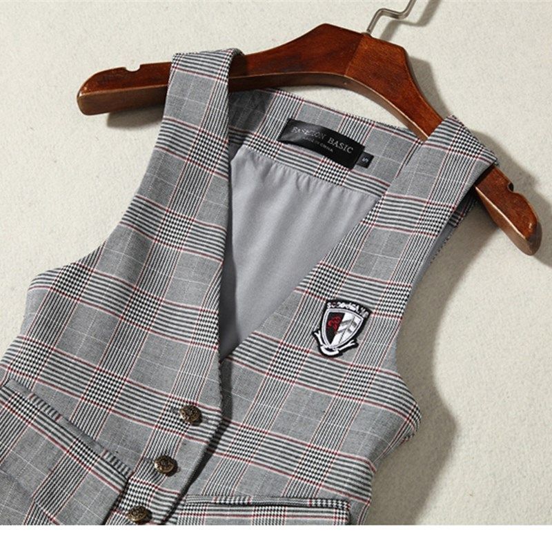 2020春夏秋女士胸章格子修身西装马甲高腰短裙百褶裙套装2件套潮