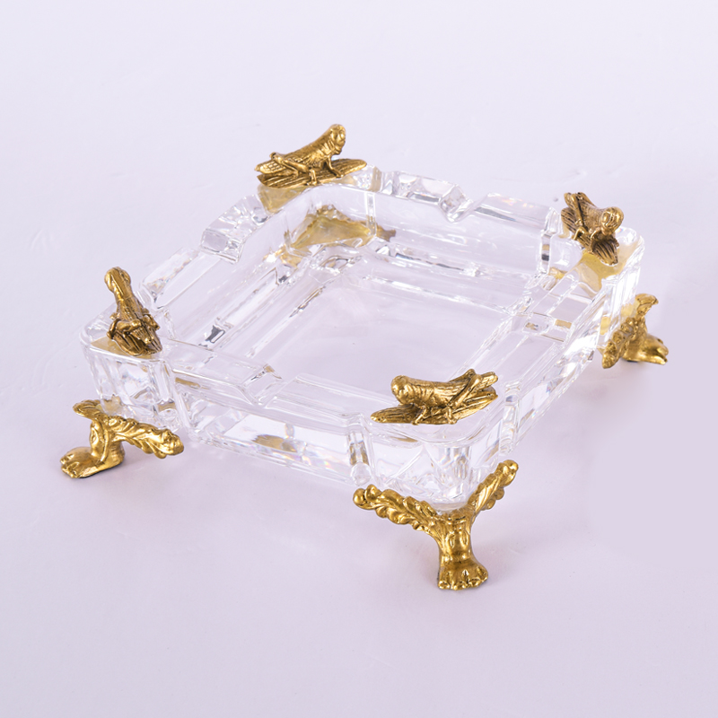 欧式美式水晶玻璃镶铜创意烟灰缸家用客厅茶几方形烟碟装饰品摆件
