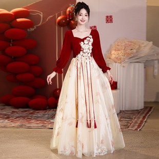 大码敬酒服新娘高级感冬季结婚长袖2024新款订婚宴会回门礼服裙女