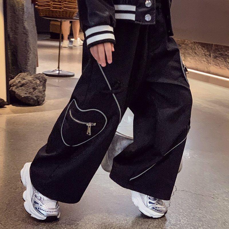 女童休闲裤秋装2025新款儿童美式街头黑色阔腿裤小女孩直筒工装裤